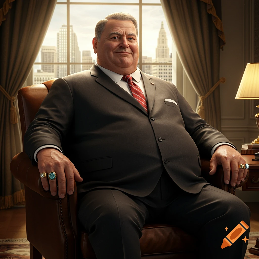Photorealistic portrait of a heavy-set, older man in a dark suit with a red tie, seated in a leather armchair. He wears large rings and smiles, with a city skyline visible through a large window behind him.