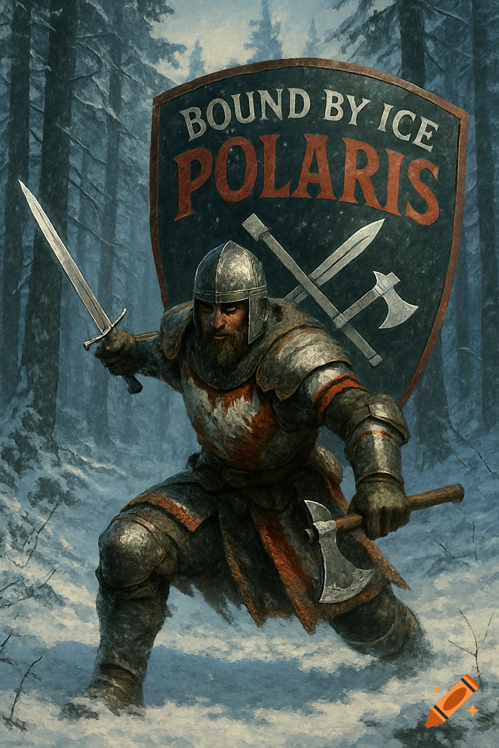 An armored warrior with a beard holds a sword and axe in a snowy winter forest, a shield with 'Bound by Ice POLARIS' behind him.