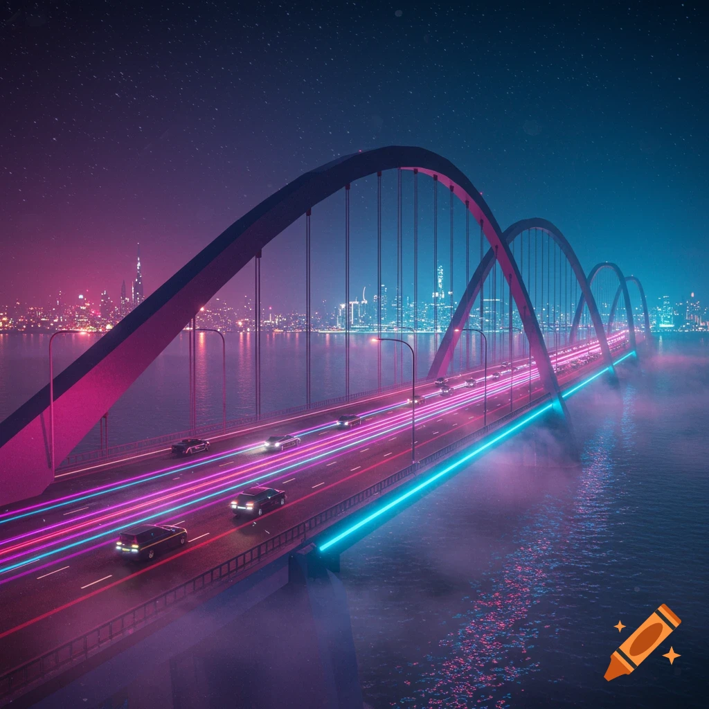 Aerial view of a futuristic arched bridge at night, glowing with vibrant pink and blue neon lights over water. Cars leave light trails, with a neon-lit city skyline in the background under a starry sky.