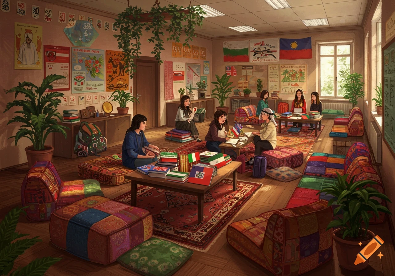 Illustrated diverse students studying in a vibrant, culturally decorated classroom with many books and colorful cushions.