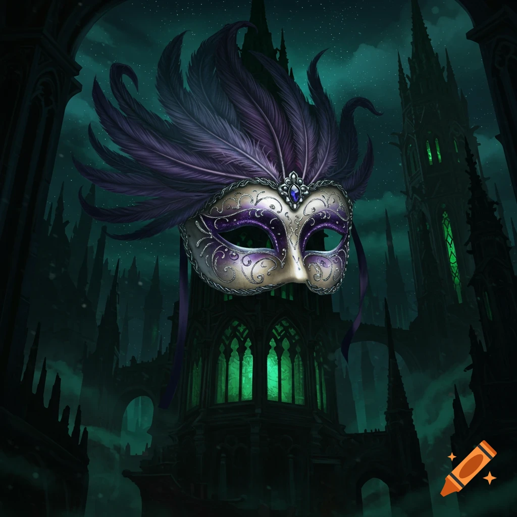 Ornate Venetian mask with purple feathers and silver details against a dark gothic cityscape with glowing green windows.