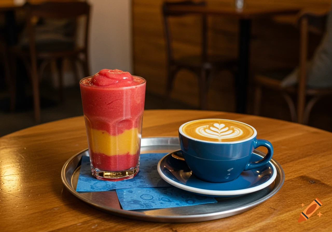 A vibrant red and yellow smoothie and a blue cup of cappuccino with latte art, on a metal tray on a wooden cafe table.