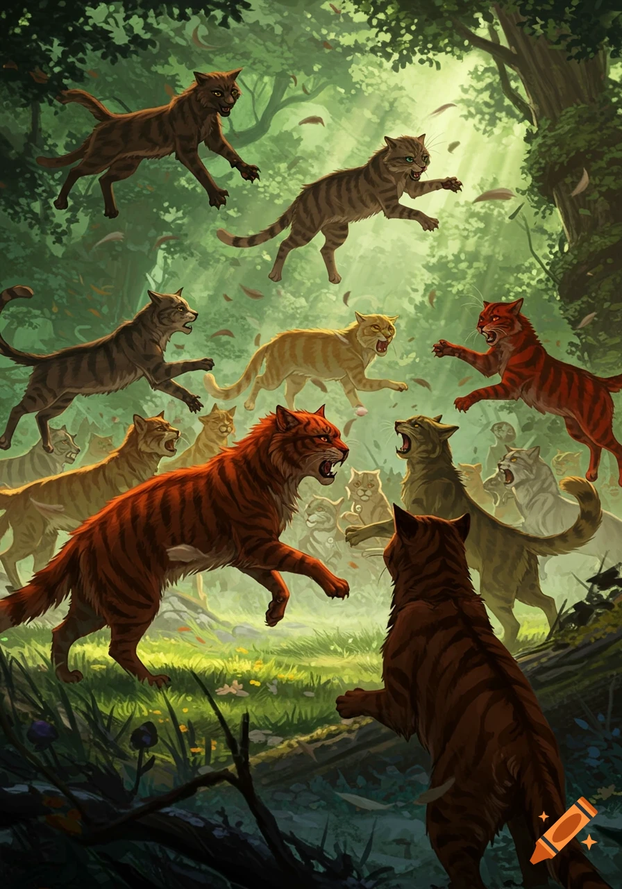 Many stylized cats, including red, orange, and brown ones, fight and leap in a sun-dappled forest.