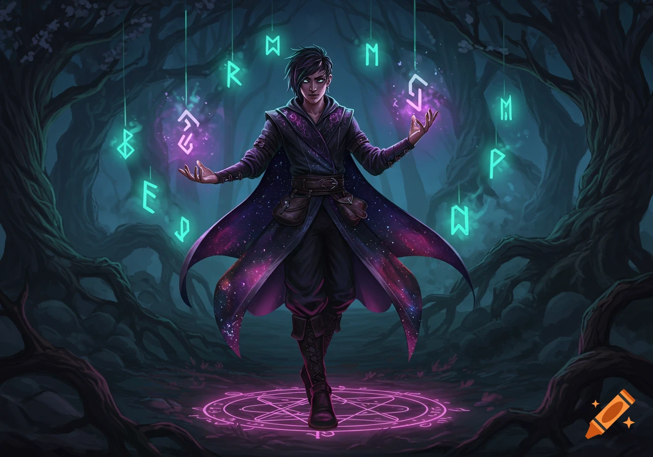 A young arcanist with a galaxy-patterned cape stands in a dark forest, surrounded by glowing runes and a magical circle.