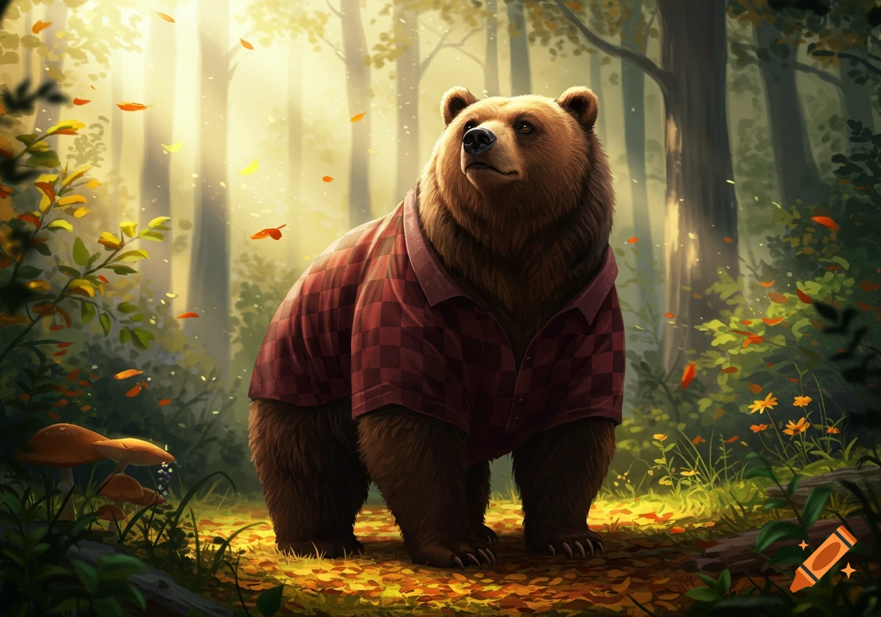 A brown bear wearing a red plaid jacket stands in a sun-dappled autumn forest with falling leaves and mushrooms.