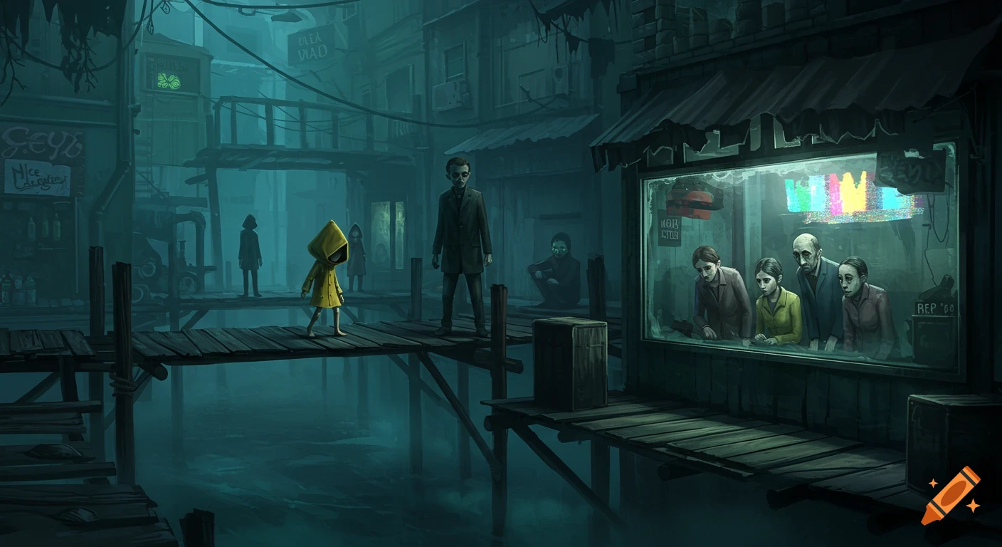A small child in a yellow raincoat walks on a wooden pier past shadowy adults in a dark, dystopian cityscape, styled like Little Nightmares 2.
