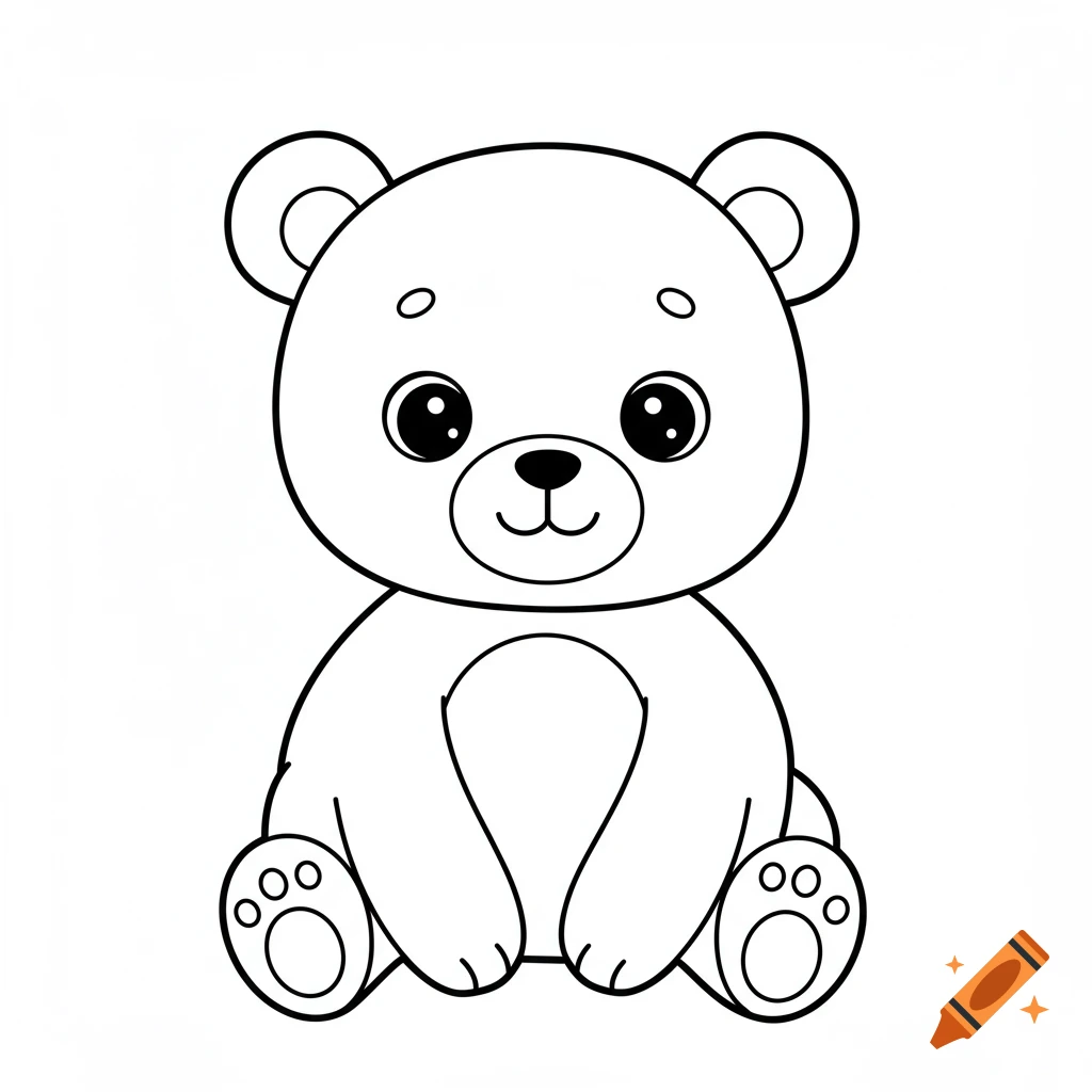 Black and white outline drawing of a cute, friendly baby bear for a coloring page.