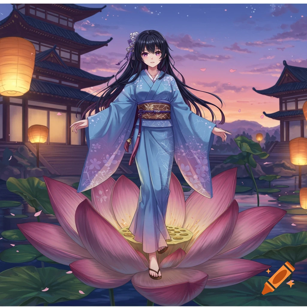 Anime woman in a blue kimono standing on a large pink lotus flower at sunset, with traditional Japanese buildings and lanterns in the background.