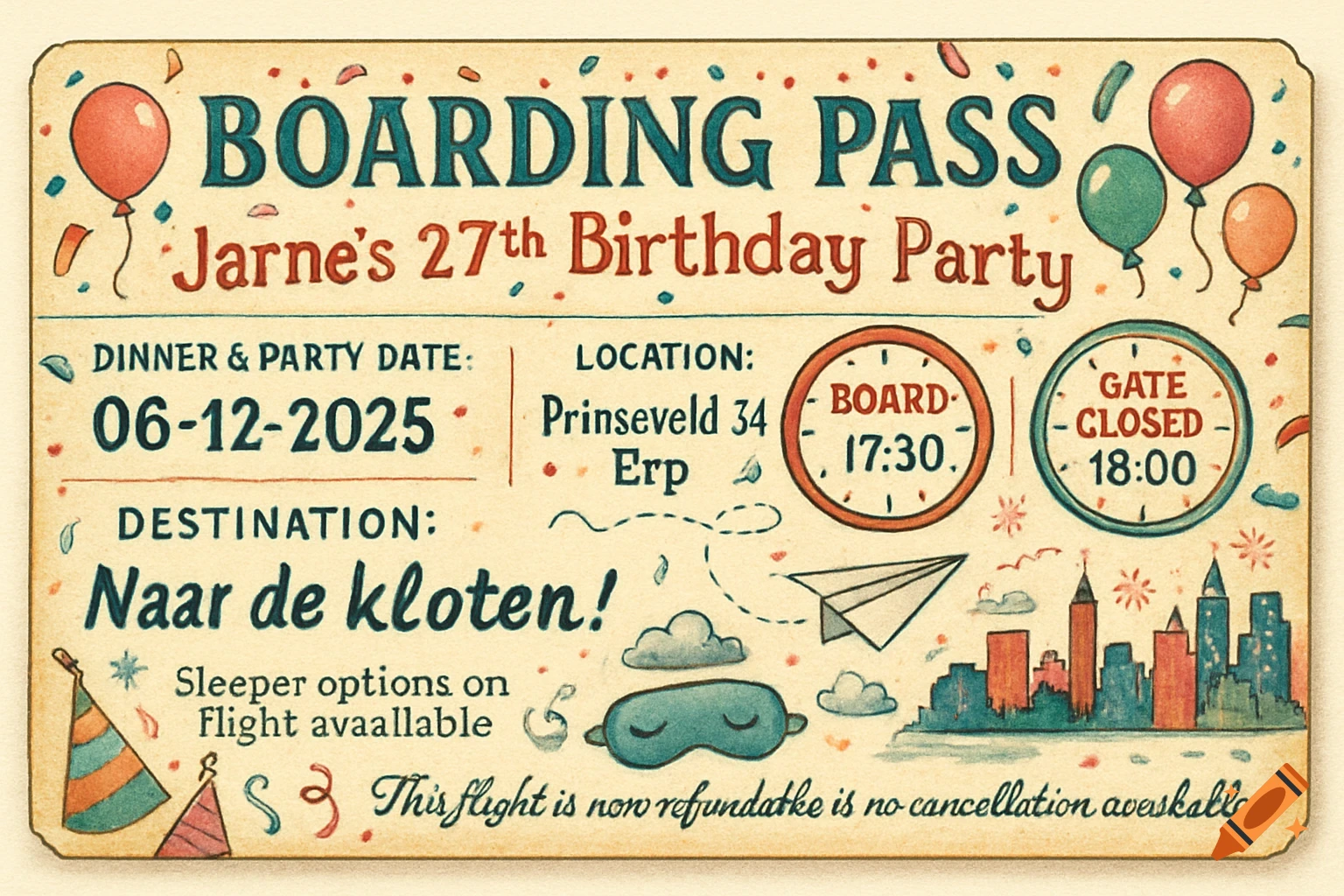 A vintage-style illustrated birthday party invitation designed as a boarding pass, with balloons and cityscape elements.