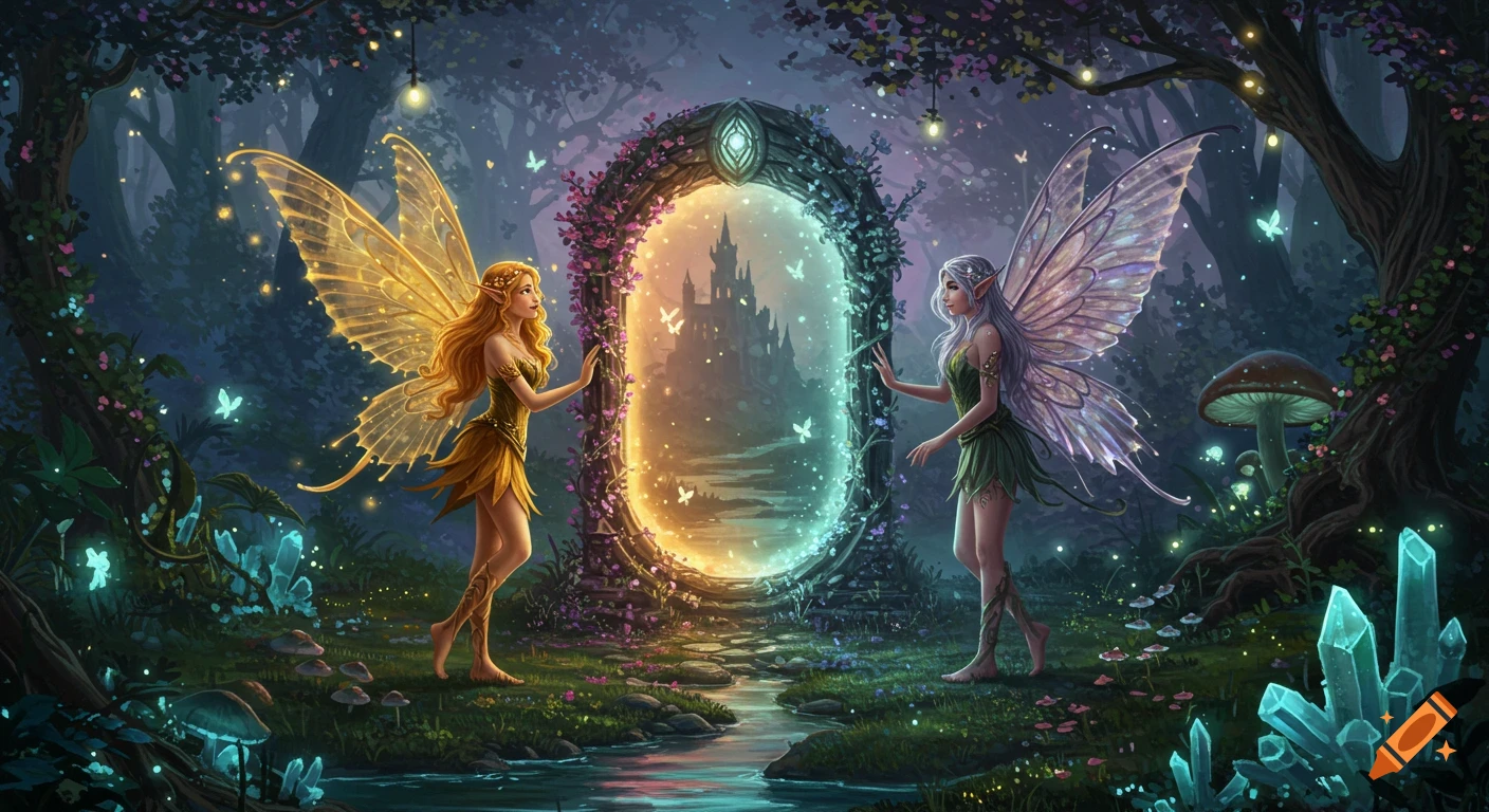 Golden and silver fairies stand by a glowing magical portal in an enchanted forest with a distant castle.