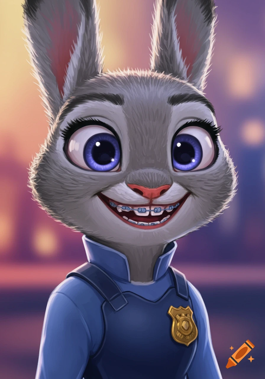 Illustrated portrait of Judy Hopps, a grey rabbit police officer, smiling with blue dental braces against a blurred city background.