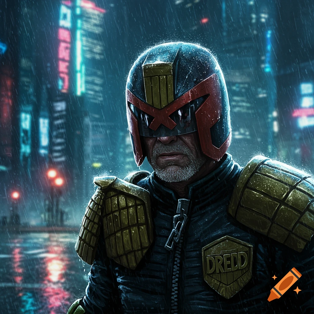 Judge Dredd, an aged lawman, stands grimly in the rain against a neon-lit cyberpunk city background.