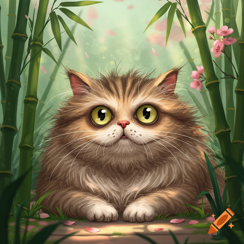 A fluffy, wide-eyed cartoon cat sits among green bamboo stalks and pink blossoms in a stylized illustration.