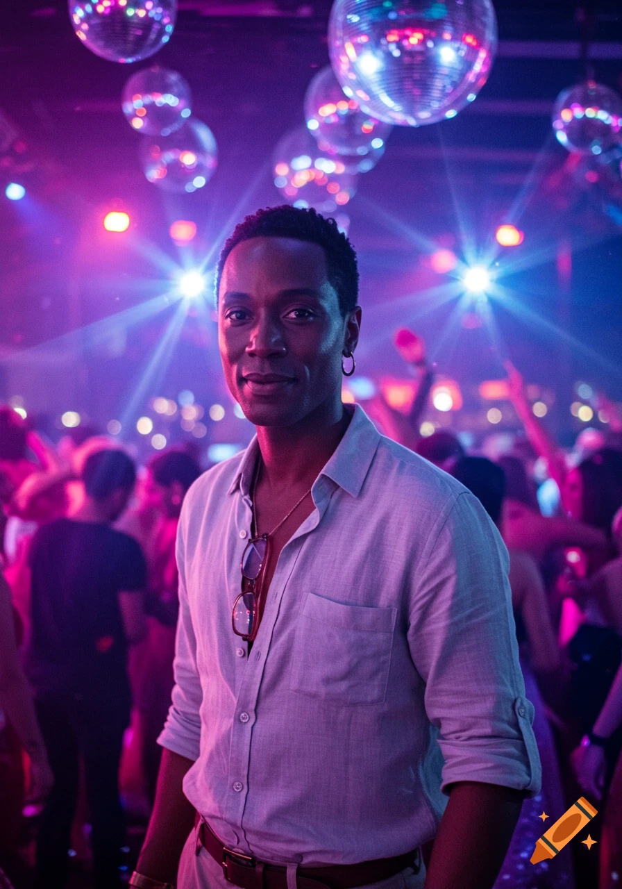 Photorealistic portrait of a smiling man in a light shirt, standing in a vibrant club with disco balls and purple lighting.
