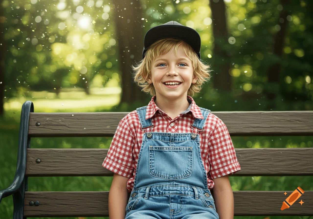 A cheerful blonde boy with blue eyes, wearing a cap and overalls, smiles broadly while sitting on a park bench on a sunny day.