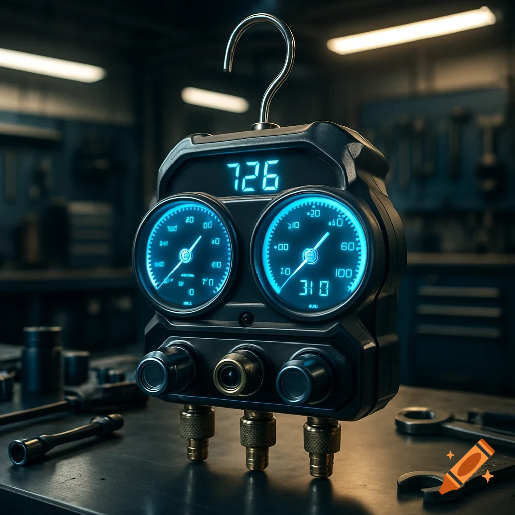 A photorealistic manifold gauge with glowing blue digital displays and two circular gauges showing various numbers, set in a blurred workshop background.