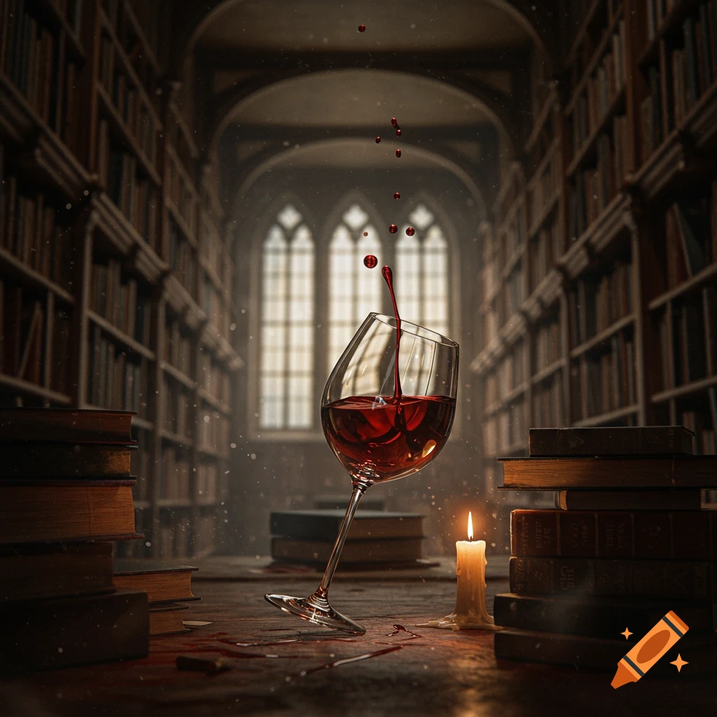 A dark academia library with a floating wine glass spilling red liquid, surrounded by stacks of books and a lit candle.