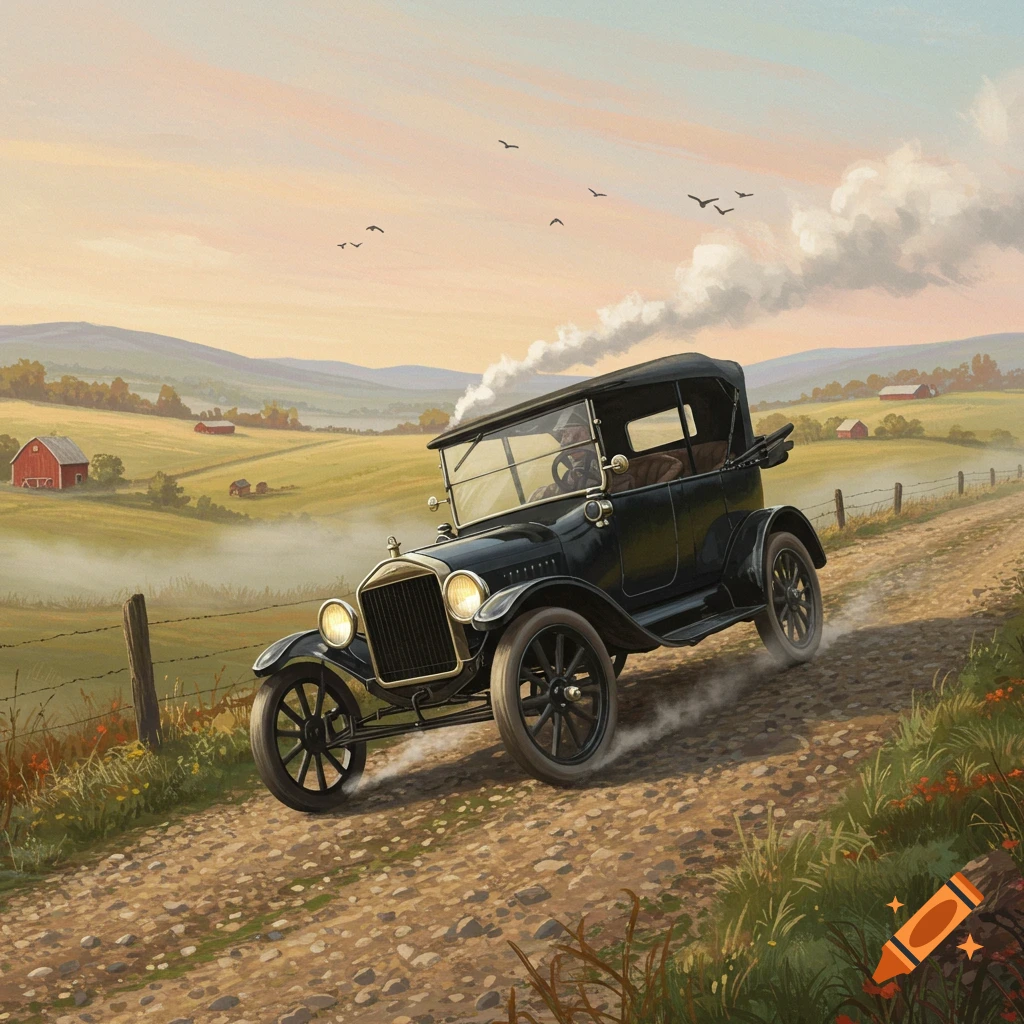 A black vintage car drives up a dusty dirt road through green rolling hills with barns under a warm sky.