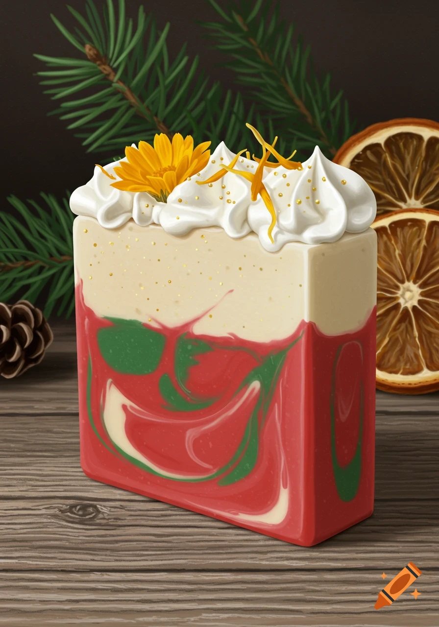 A festive, handcrafted soap bar with red and green swirls, topped with white frosting, a yellow flower, and orange peels.