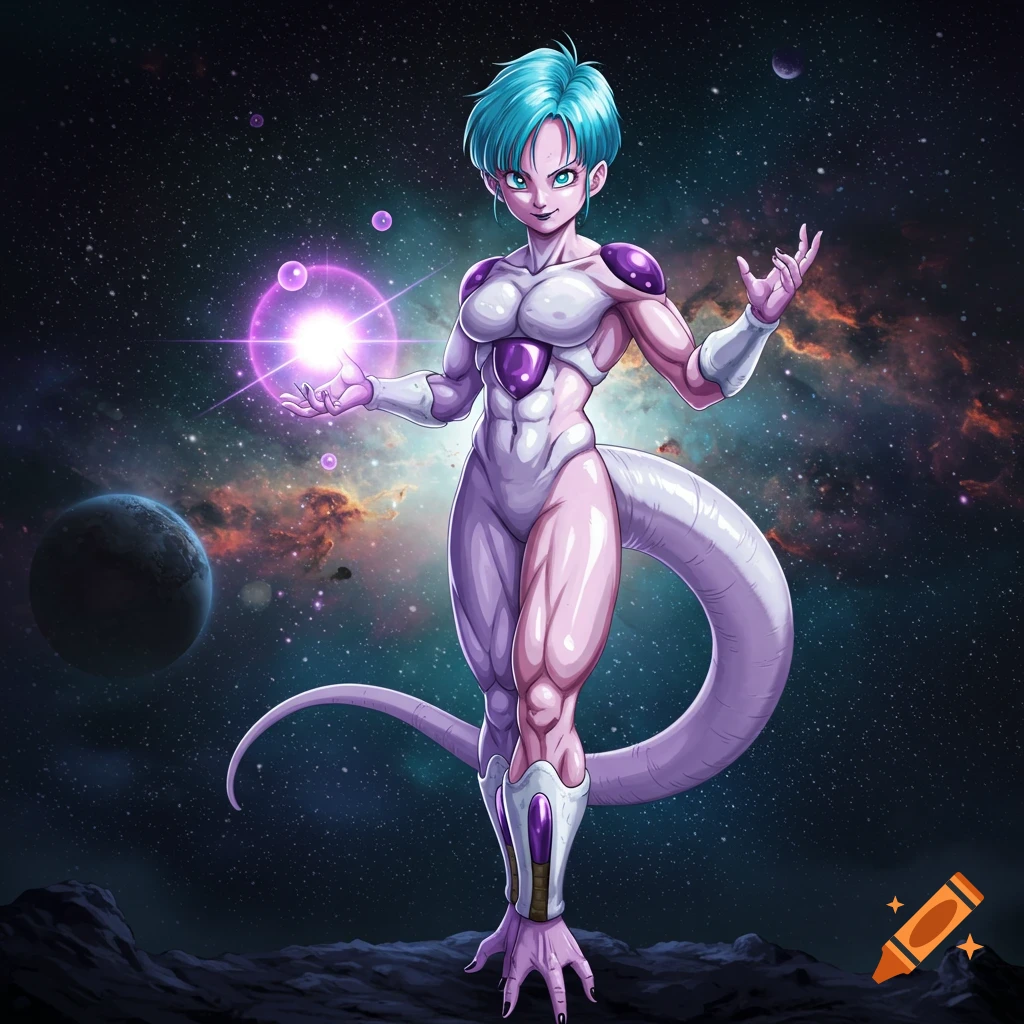 Anime character Bulma as Frieza, with blue hair and Frieza's body, holding a purple energy orb in space.