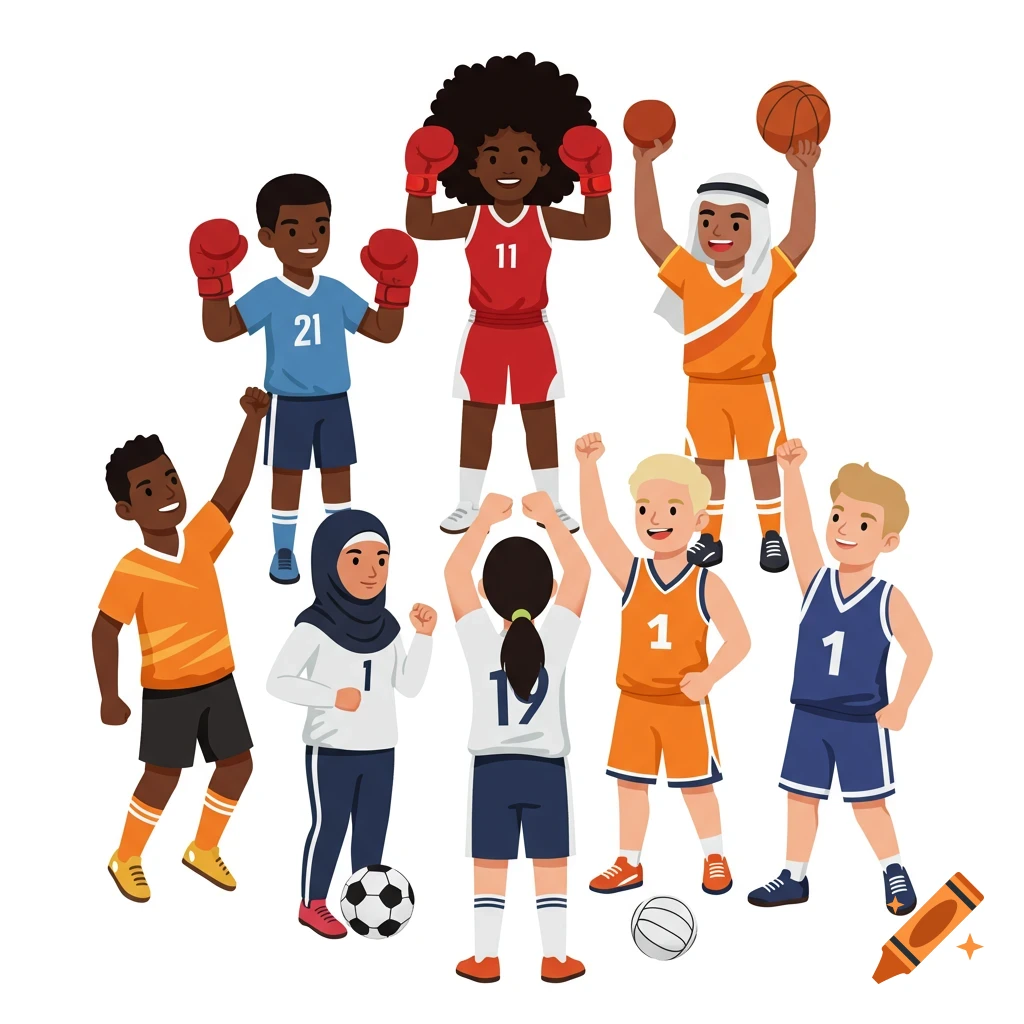 A flat icon-style illustration of a diverse group of young athletes in various sports uniforms celebrating unity and teamwork.