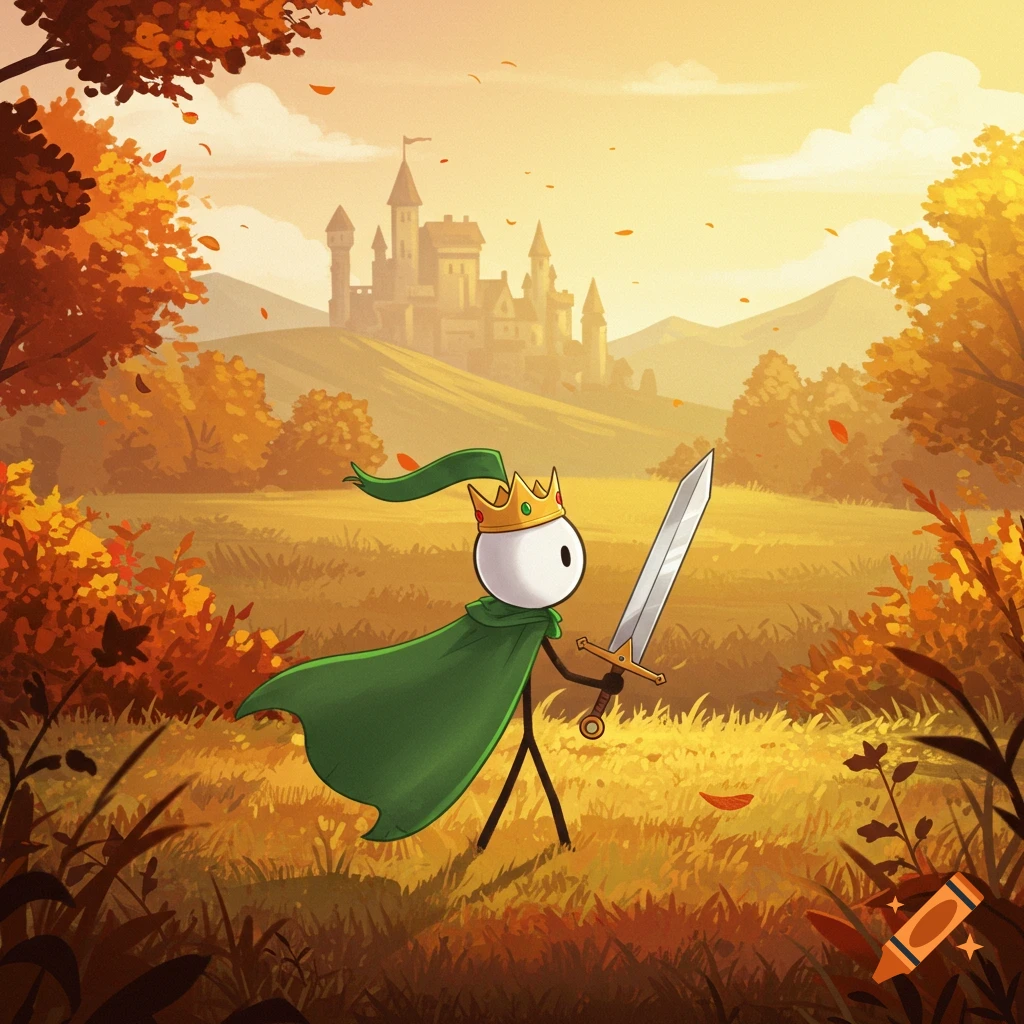 A cartoon stickman knight in a green cape and crown, holding a sword, stands in an autumn landscape with a castle in the background.