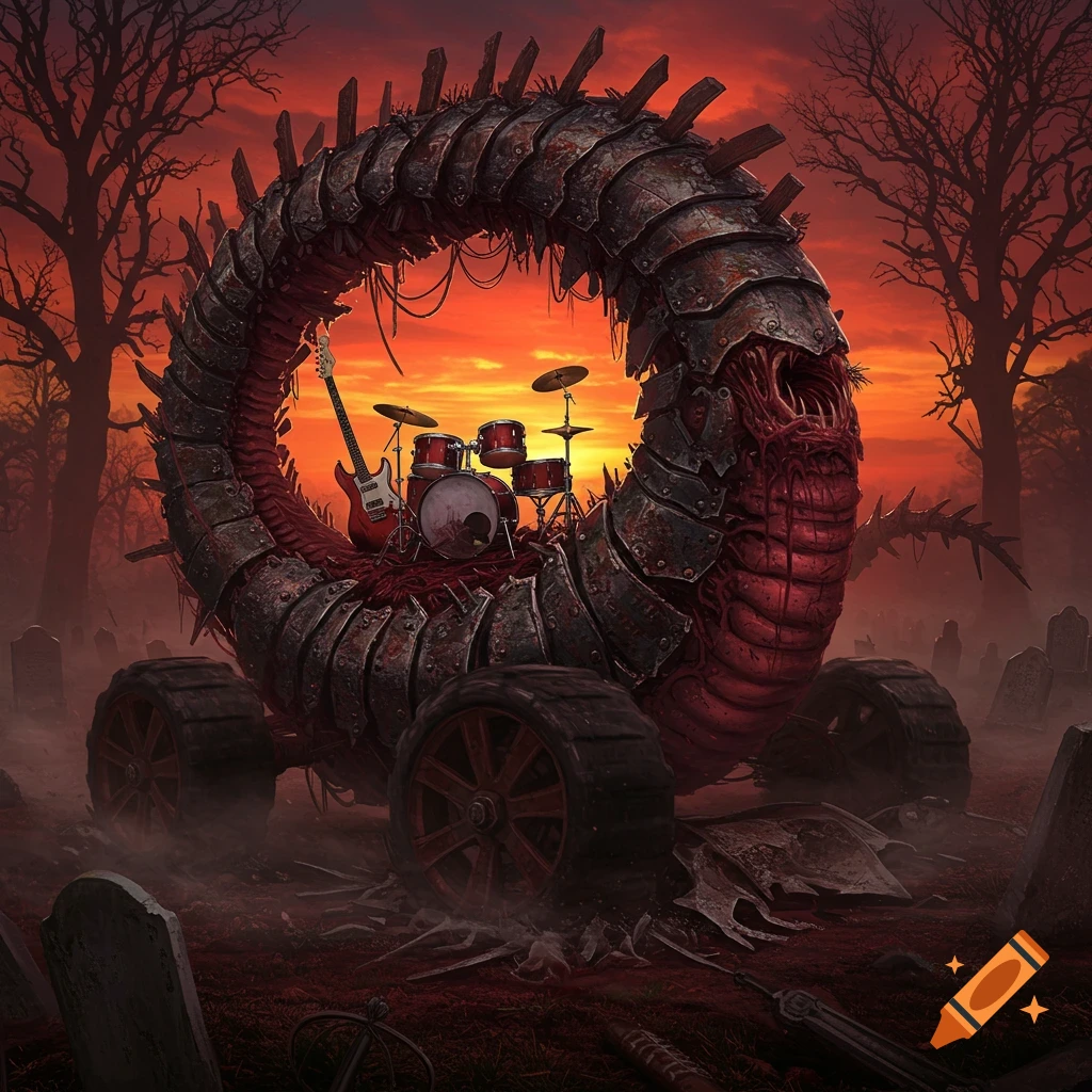 A bio-mechanical, armored worm-like monster with wheels, carrying a guitar and drum kit, in a dark cemetery under an orange sunset.