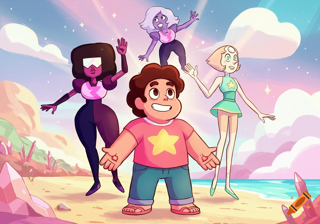 Cartoon characters Steven, Garnet, Amethyst, and Pearl on a colorful beach with crystals under a vibrant sky.