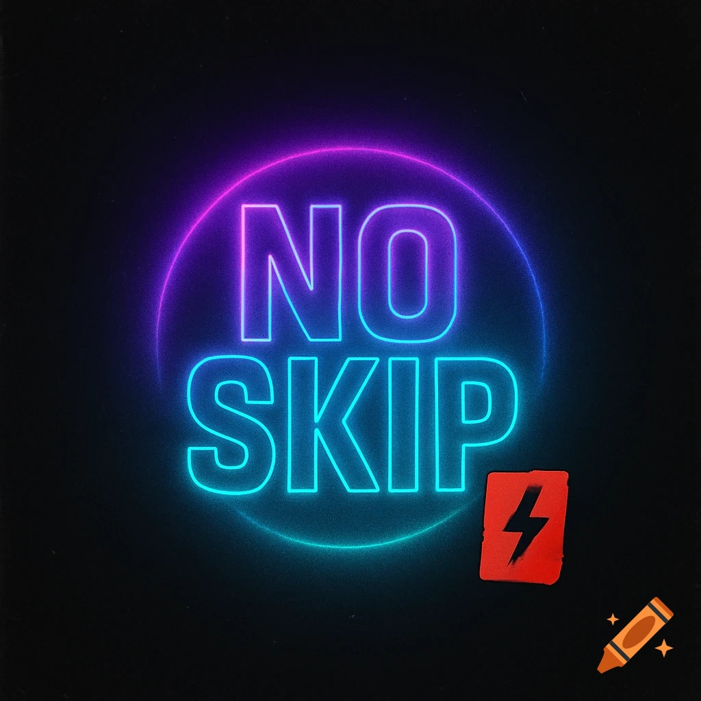 Neon sign with 'NO SKIP' text in purple and blue, inside a glowing circle, on a dark background with a red lightning bolt sticker.