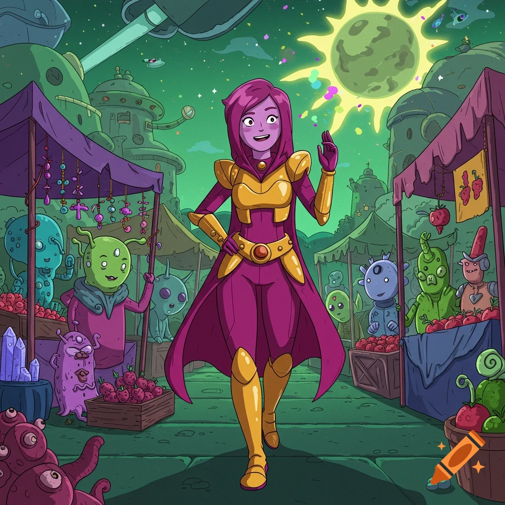 A pink-haired space rogue in gold and magenta armor browses a bustling alien market under a green sun, Adventure Time style.