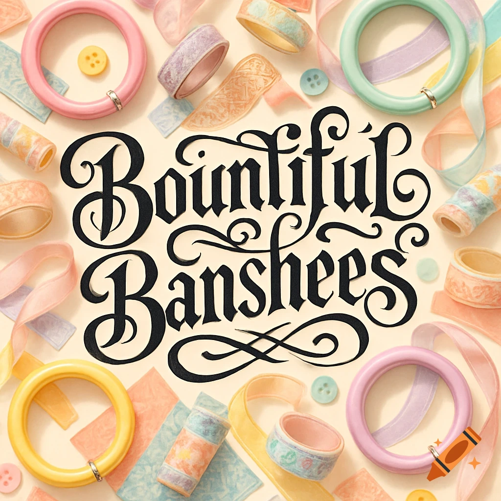 The words 'Bountiful Banshees' in an ornate black font, surrounded by pastel craft items, ribbons, buttons, and decorative rings.