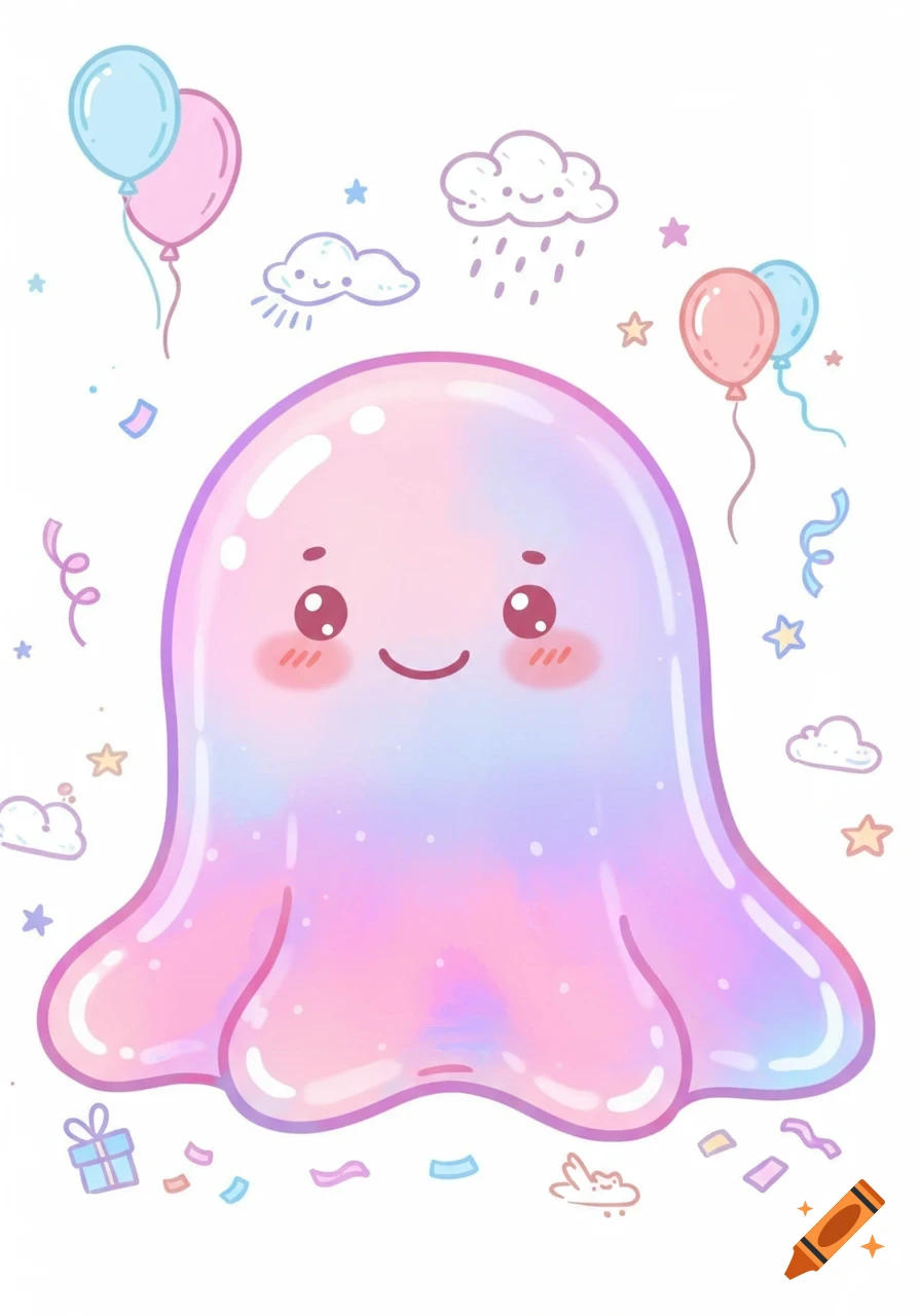 A cute, pastel pink and blue jelly monster with a happy face, surrounded by balloons and confetti in a whimsical cartoon style.