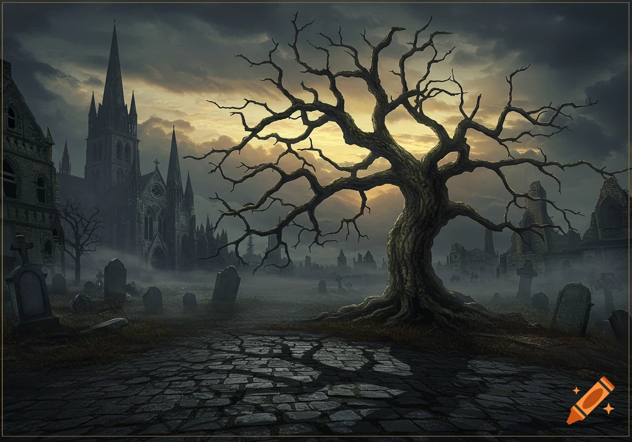 A gnarled, bare tree in a misty graveyard with a towering gothic church and ruins under a cloudy sunset sky, in a dark fantasy style.