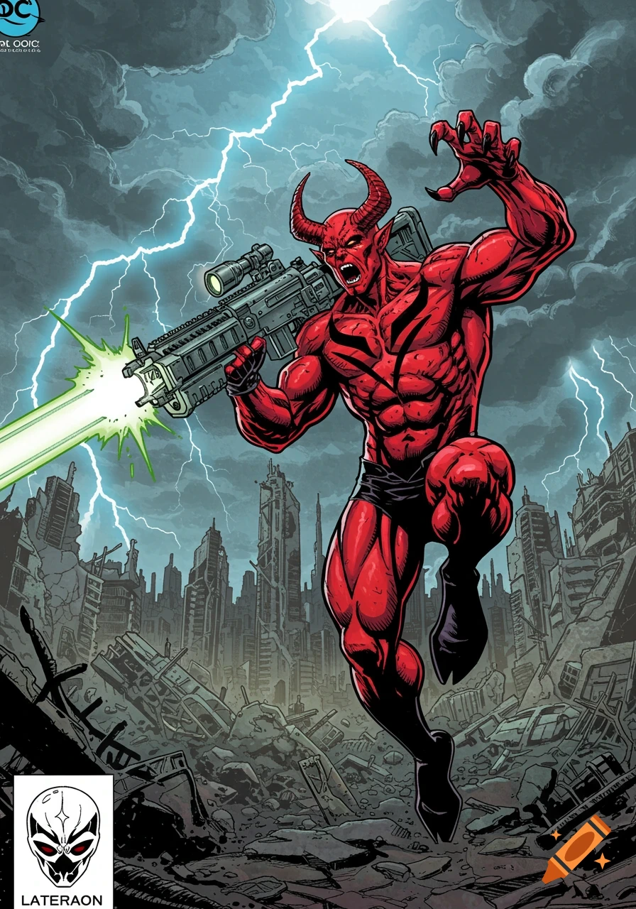 A muscular, red, demon-like hero with horns and black markings wields a rifle, shooting a green laser in a ruined city under a lightning storm, comic book style.