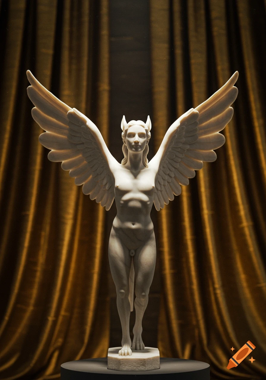 Photorealistic marble statue of a nude winged figure with horns, standing before dramatic golden curtains.