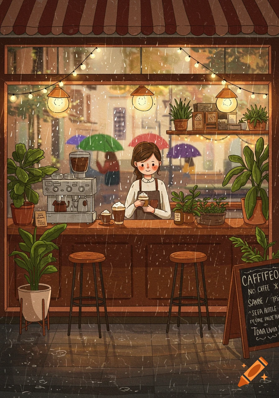 A cozy illustration of a barista in a cafe, holding a coffee behind a counter, looking out at a rainy street with people under umbrellas.