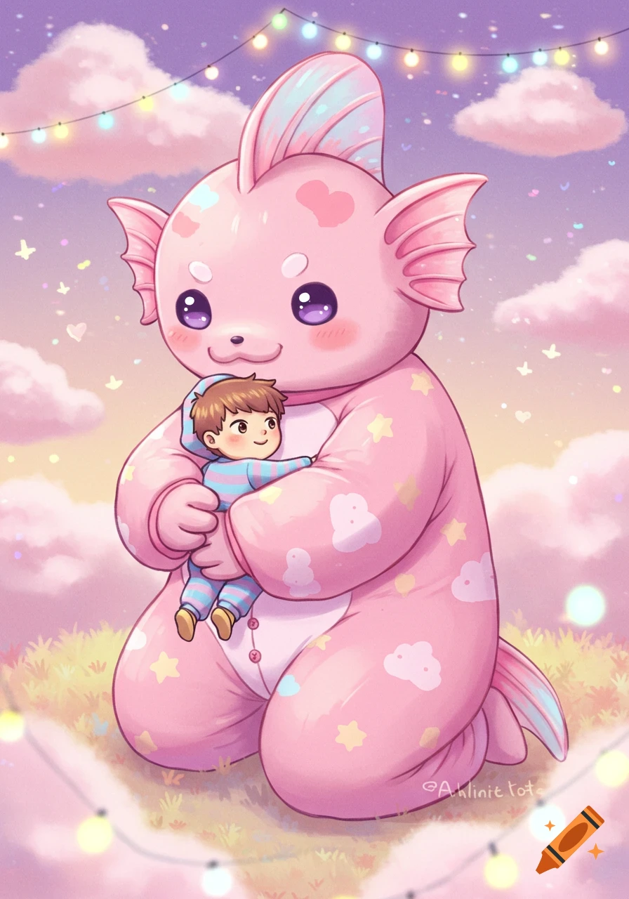 A giant, pink, kawaii fish-like creature in a onesie hugs a tiny boy under a whimsical sky with clouds and string lights.