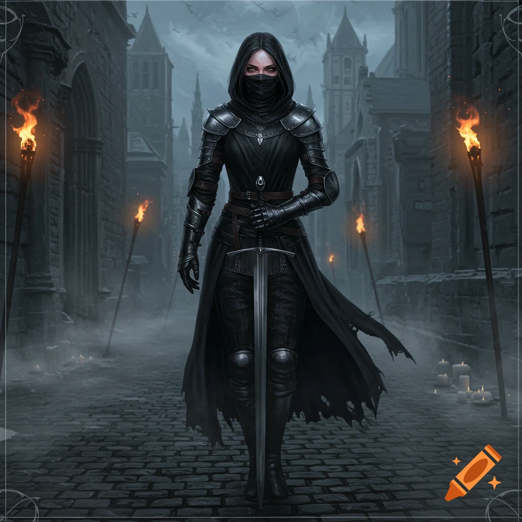 A masked warrior in dark armor stands with a sword in a cobblestone street of a gothic city at night, torches burning.
