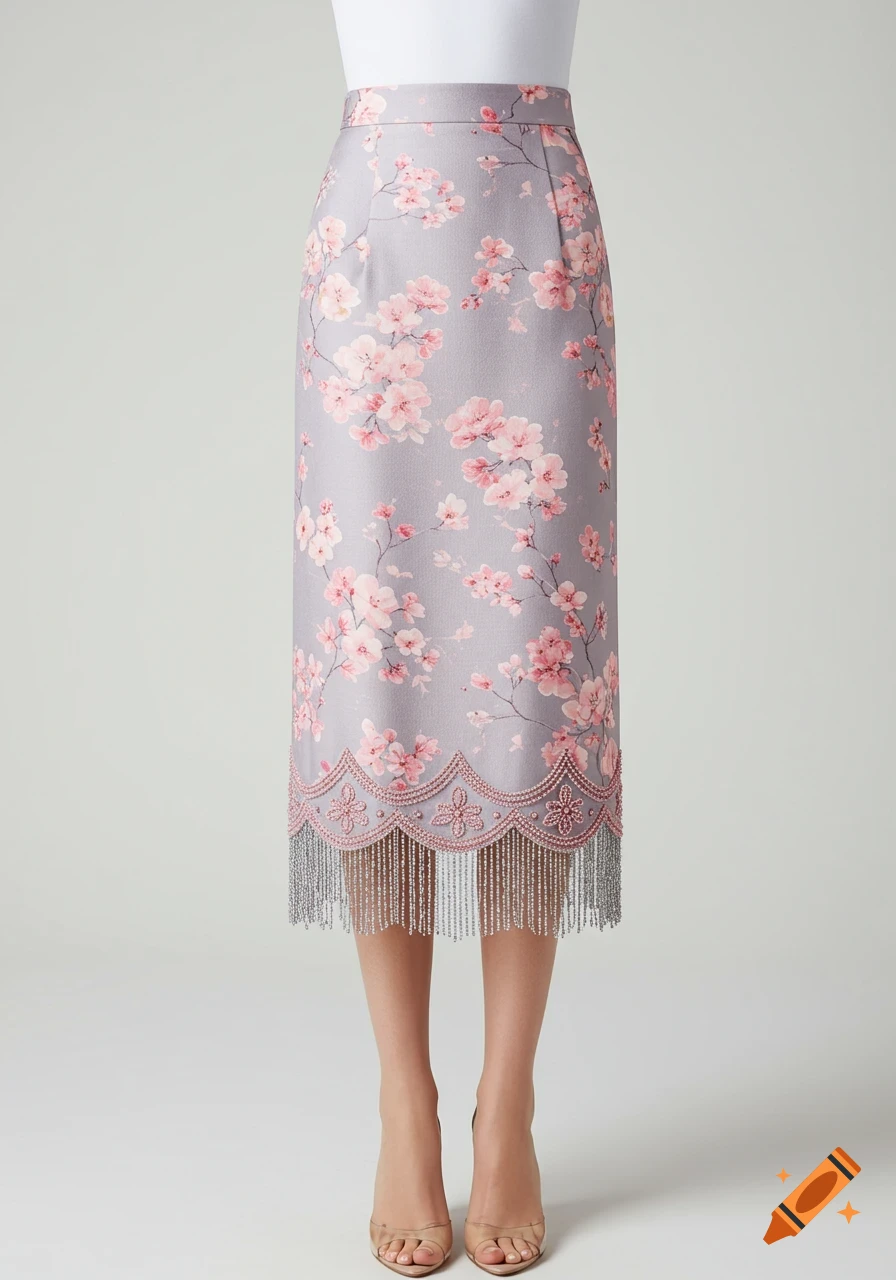 A lavender-gray midi skirt with pink floral prints, a scalloped beaded hem, and silver fringe, worn by a model.