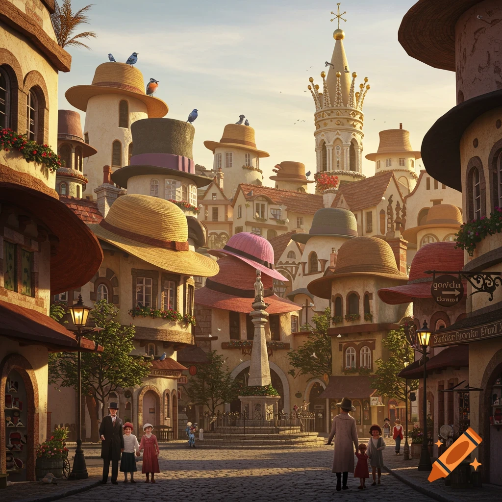 A whimsical town where buildings are shaped like hats, with people walking on a cobblestone street and a crowned tower in the background.