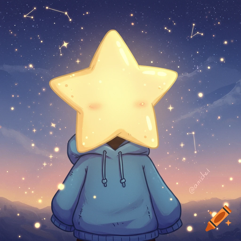 A cute cartoon character with a glowing star for a head, wearing a blue hoodie under a starry night sky.