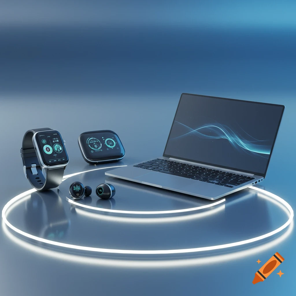 A smartwatch, earbuds, a display device, and a laptop on a reflective blue surface, encircled by a glowing white ring.