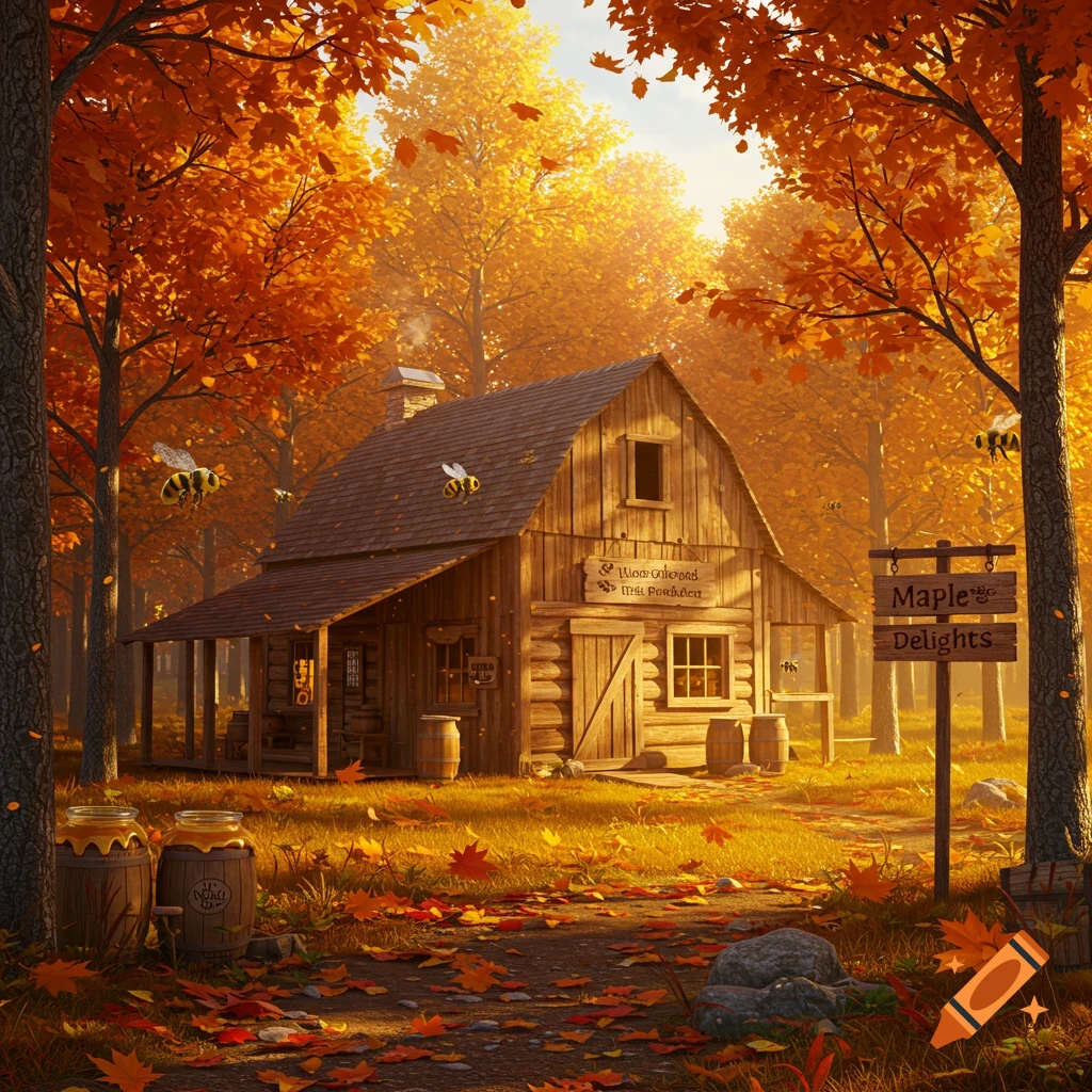 Picturesque log cabin in a vibrant autumn forest with golden trees and falling leaves. Bees fly around a 'Maple Delights' sign.