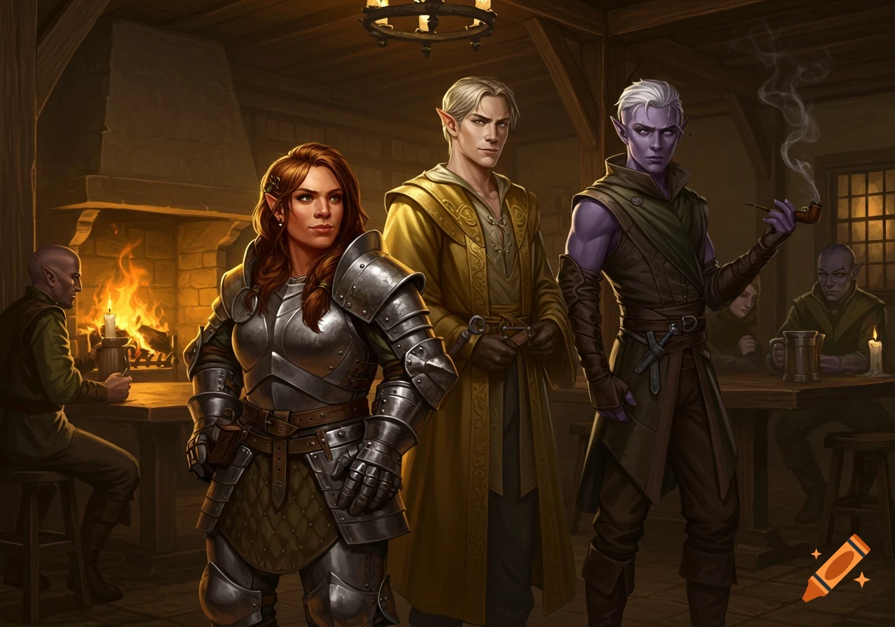 Three fantasy adventurers, a female dwarf, a blonde elf, and a purple elf, stand in a rustic tavern.