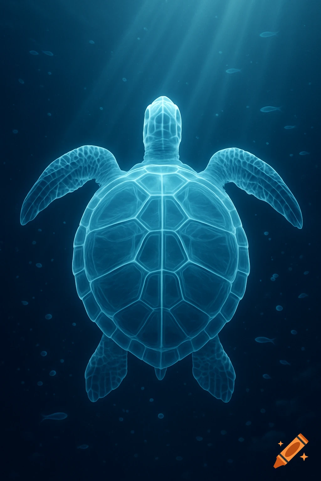 A glowing blue x-ray view of a sea turtle swimming in deep blue water with light rays and small fish.