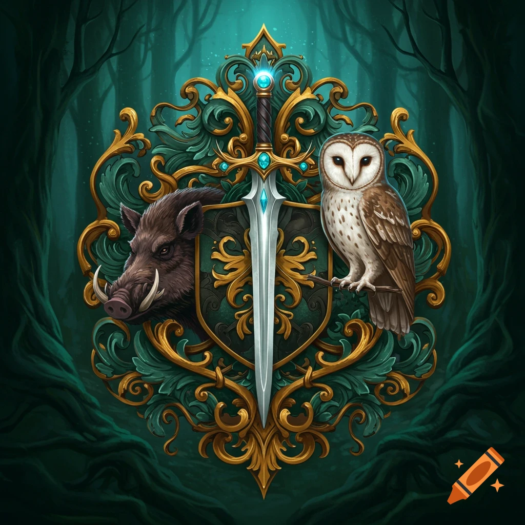 Detailed fantasy coat of arms with a boar, a barn owl, and a sword, surrounded by ornate gold and teal foliage against a dark forest background.