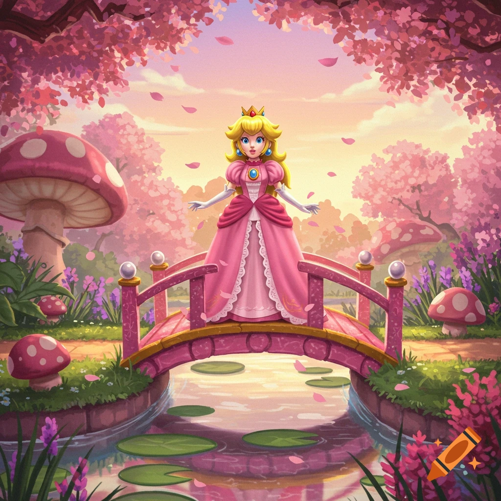 Princess Peach stands on a pink bridge in a vibrant, pink fantasy landscape with cherry blossoms, mushrooms, and a stream. Illustrated.