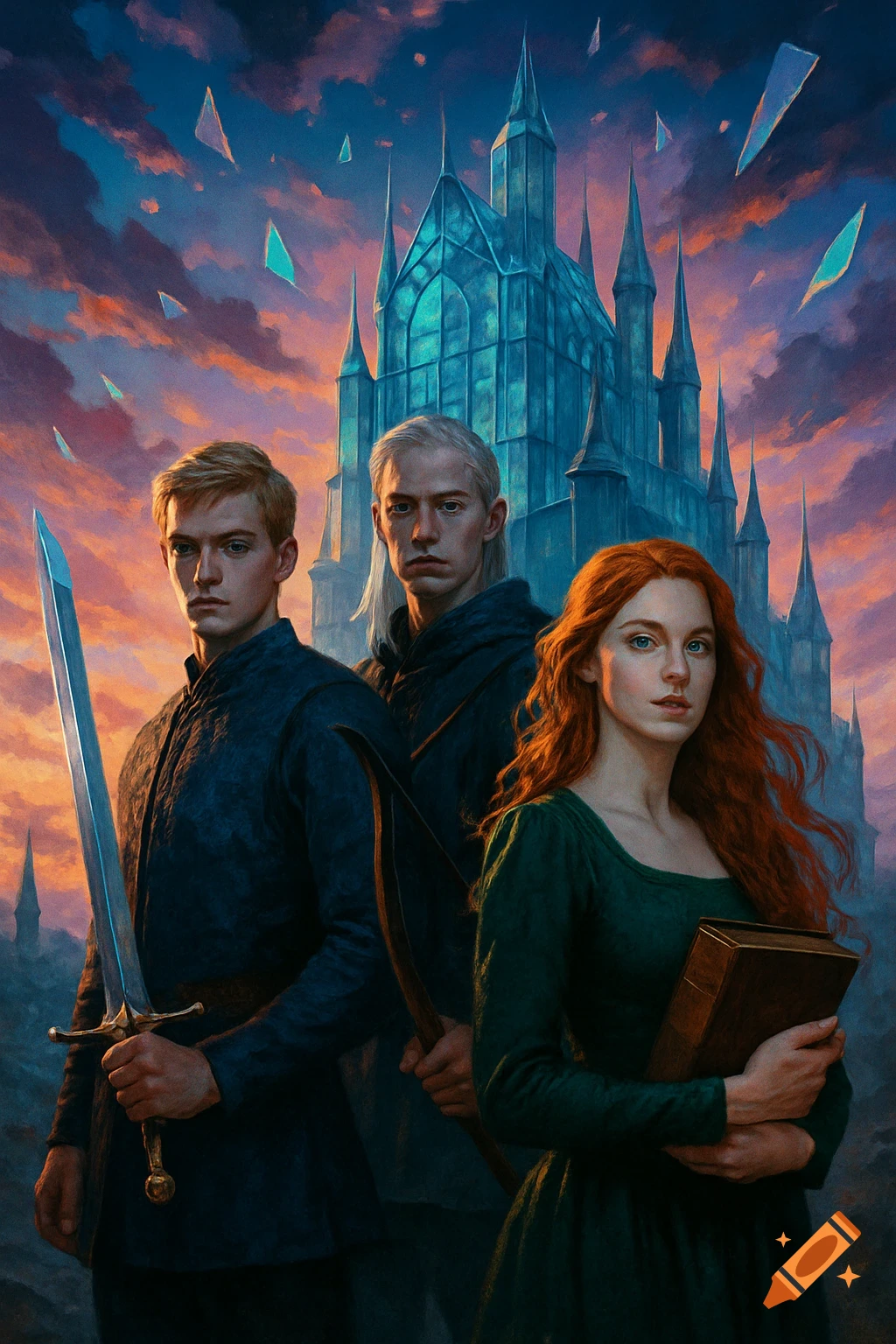 Three fantasy characters, two men with weapons and a woman with a book, before a crystal castle at dusk, in a realistic art style.