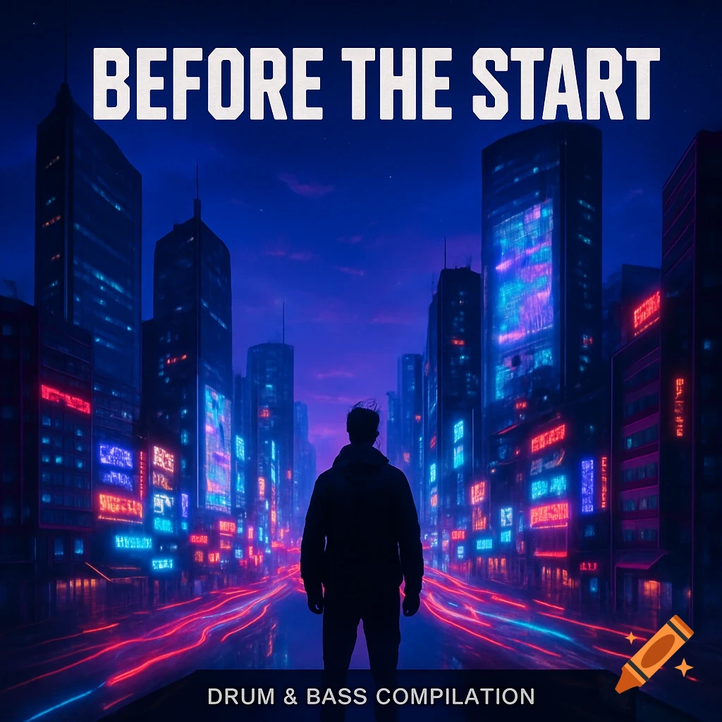 Silhouette of a person on a neon-lit city road at night. Text 'BEFORE THE START' and 'DRUM & BASS COMPILATION'.