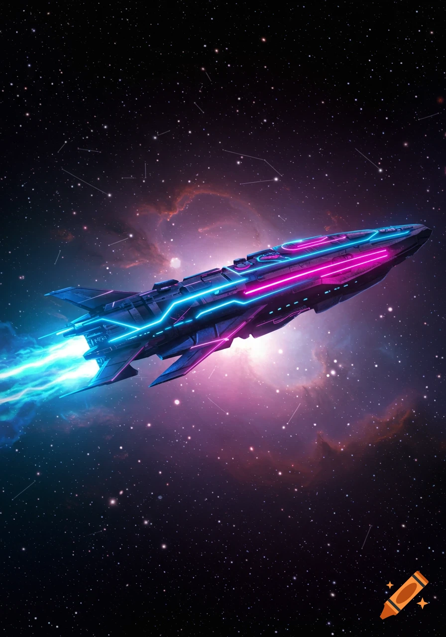 A futuristic spaceship with blue and pink neon lights flies through a vibrant starry space with a nebula.
